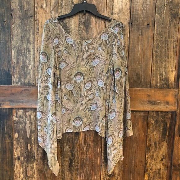 Show Me Your Mumu S BOHO Sheer Beige Graphic Peacock Flowy Design Poncho - Picture 3 of 8